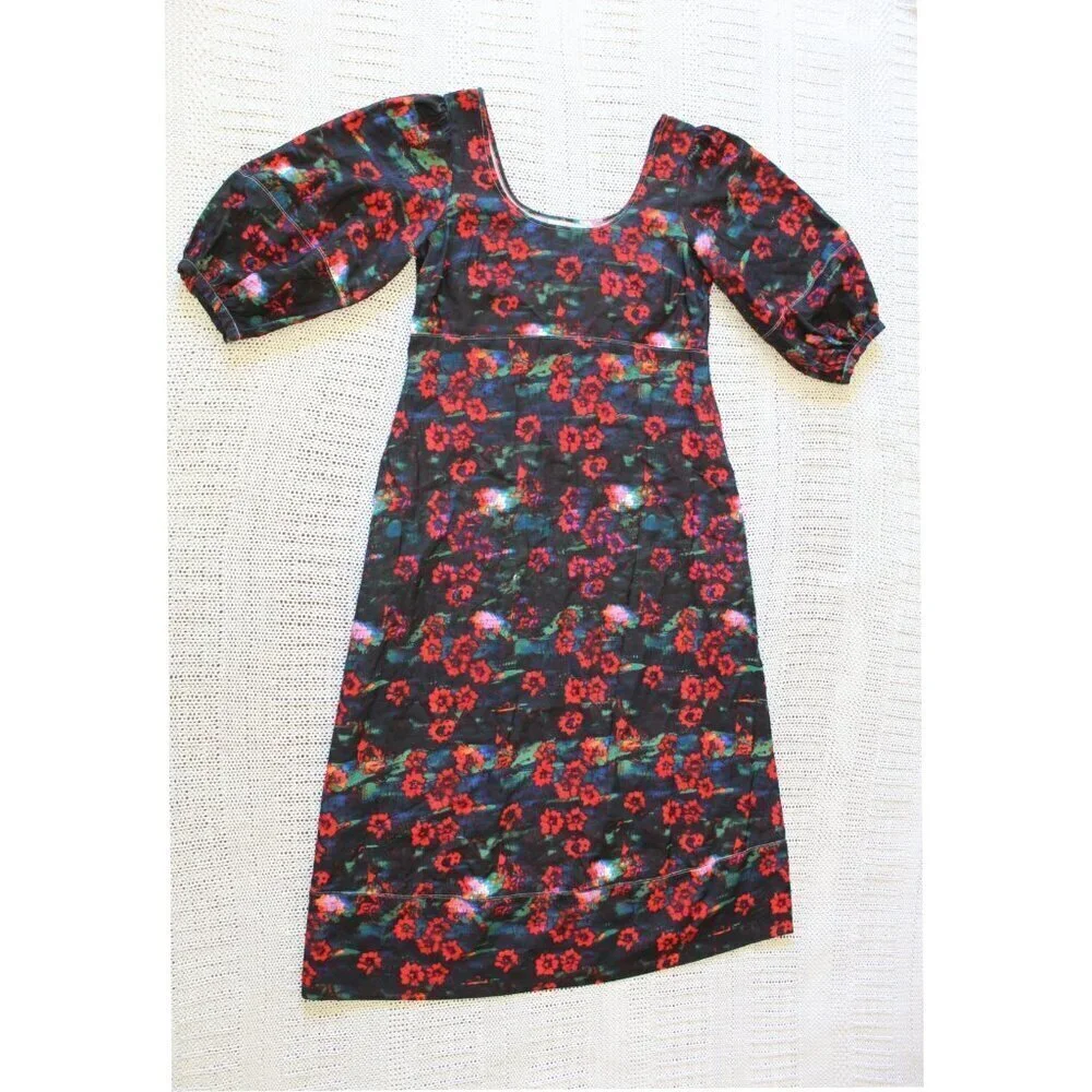 RACHEL COMEY RED FLORAL MAXI DRESS PUFF SLEEVE SIZE 6/M POCKETS PRAIRIE PEASANT